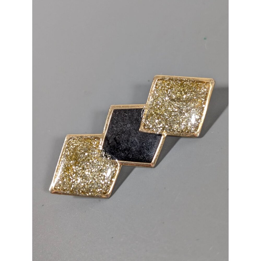 Vintage Black Enamel Golden Glitter‎ Art Deco Brooch Pin Gold Tone